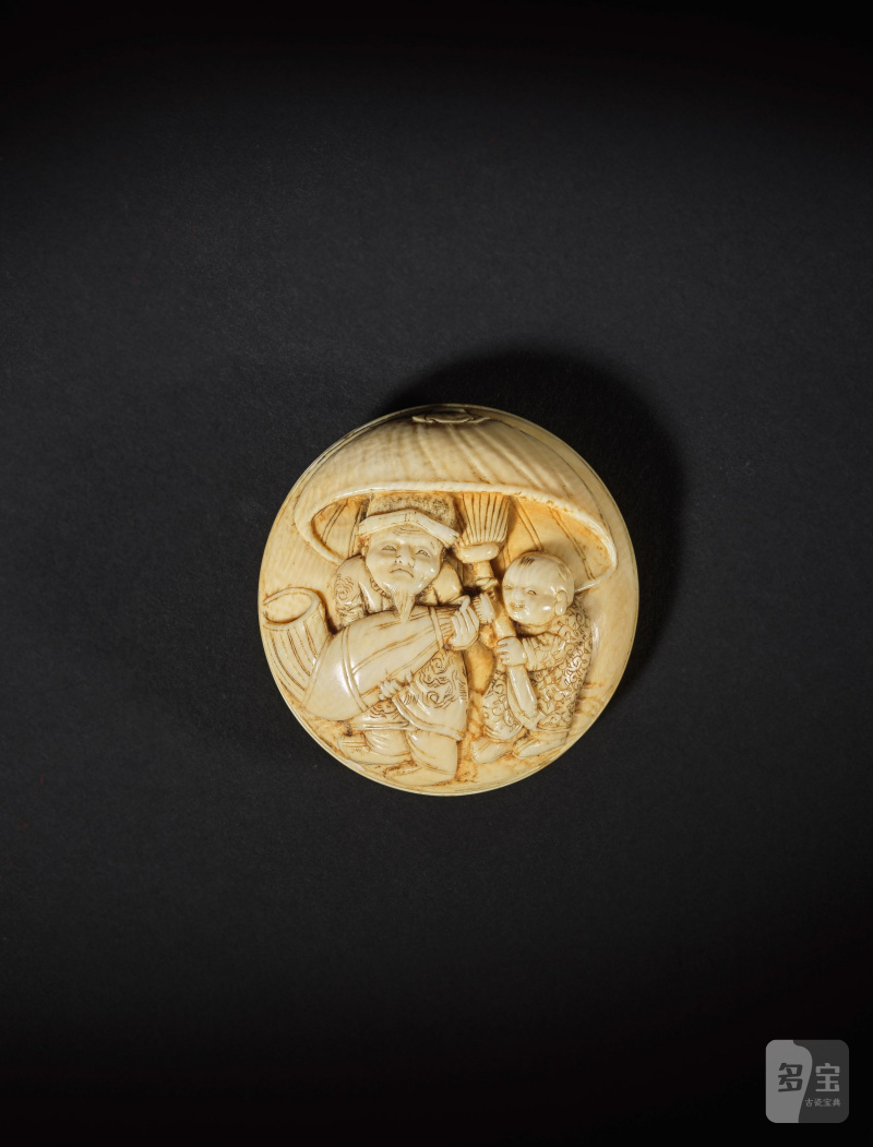 象牙彫饅頭根付 銘「光仙刻」 19世紀後期/20世紀前期 | MANJU NETSUKE EN IVOIRE EN DEUX PARTIES - 图2